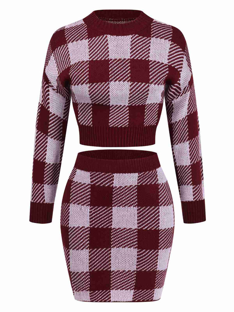 2PCS Wine Red 1960s Shepherd Plaid Knit Top & Skirt, vintage skirt, retro style - perfect for women who love vintage and retro fashion