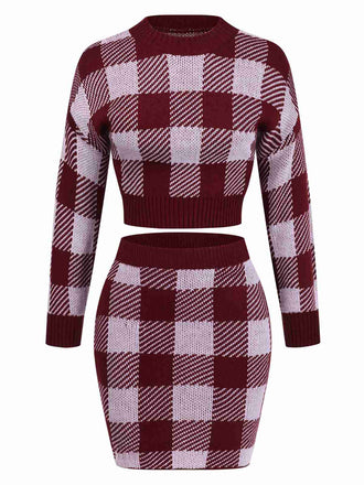 2PCS Wine Red 1960s Shepherd Plaid Knit Top & Skirt, vintage skirt, retro style - perfect for women who love vintage and retro fashion