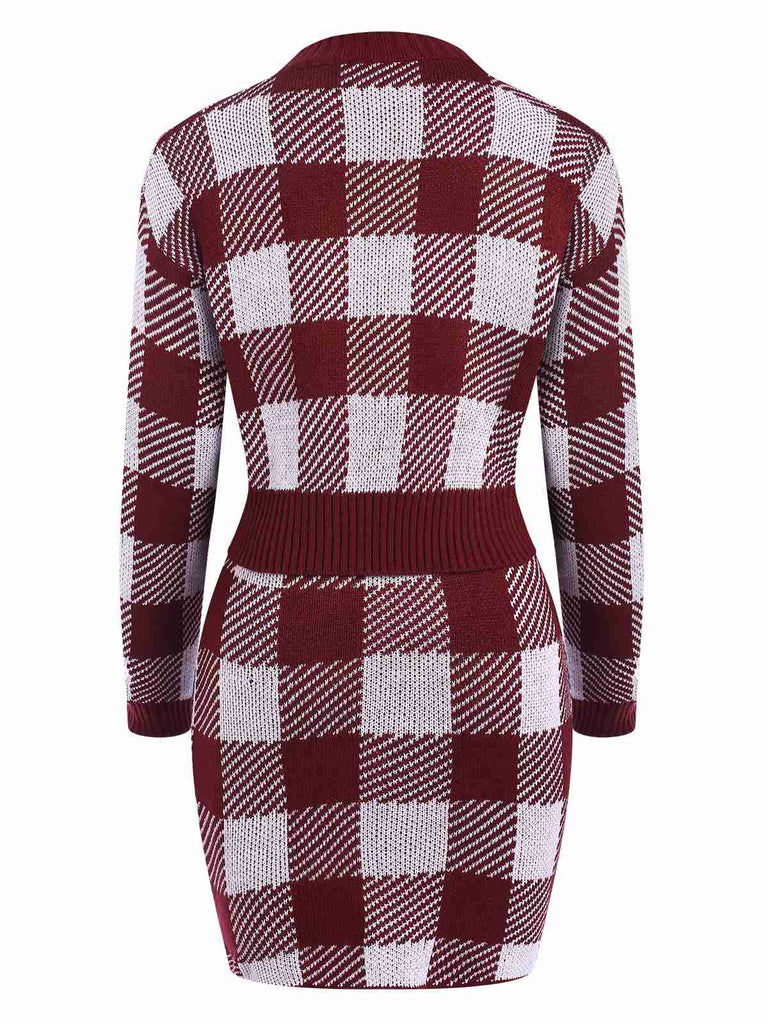 2PCS Wine Red 1960s Shepherd Plaid Knit Top & Skirt, vintage skirt, retro style - perfect for women who love vintage and retro fashion
