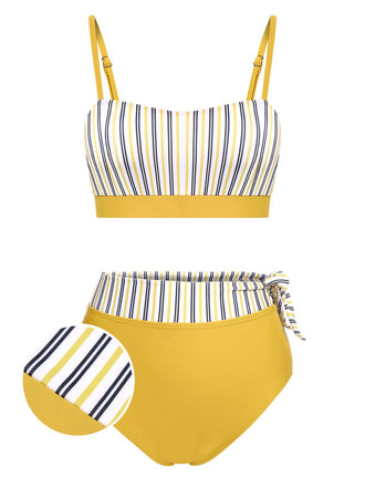 2PCS Yellow 1940s Striped Patchwork Swimsuit, vintage swimsuit, pin-up swimwear - perfect for women who love vintage and retro fashion