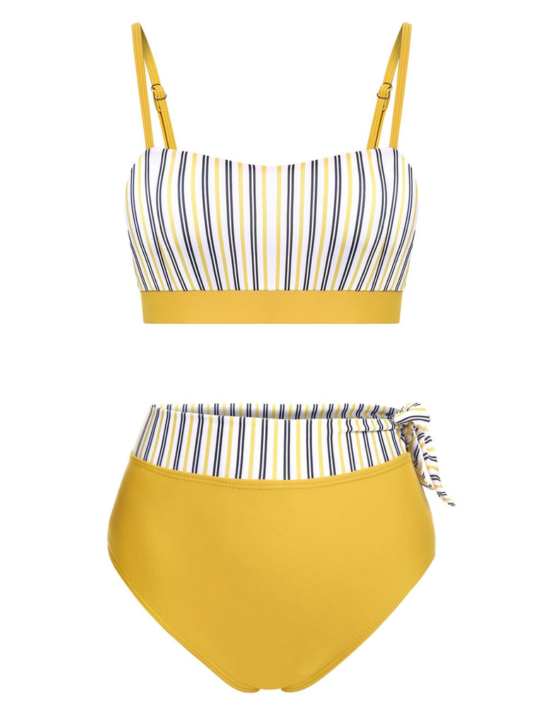 2PCS Yellow 1940s Striped Patchwork Swimsuit, vintage swimsuit, pin-up swimwear - perfect for women who love vintage and retro fashion