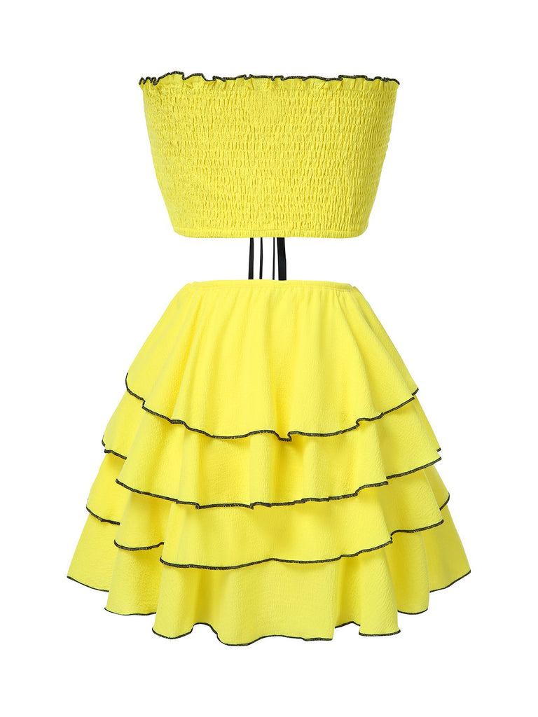 2PCS Yellow 1950s Bow Smocked Tube Top & Multi-Layer Skirt, vintage skirt, retro style - perfect for women who love vintage and retro fashion