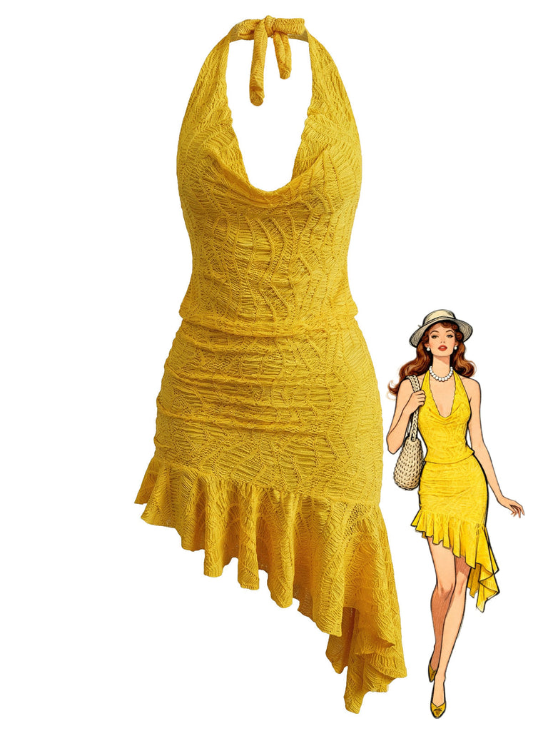 2PCS Yellow 1960s Halter Cowl Neck Textured Tankini Set - vintage fashion, retro style for vintage lovers