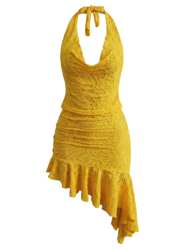 2PCS Yellow 1960s Halter Cowl Neck Textured Tankini Set - vintage fashion, retro style for vintage lovers