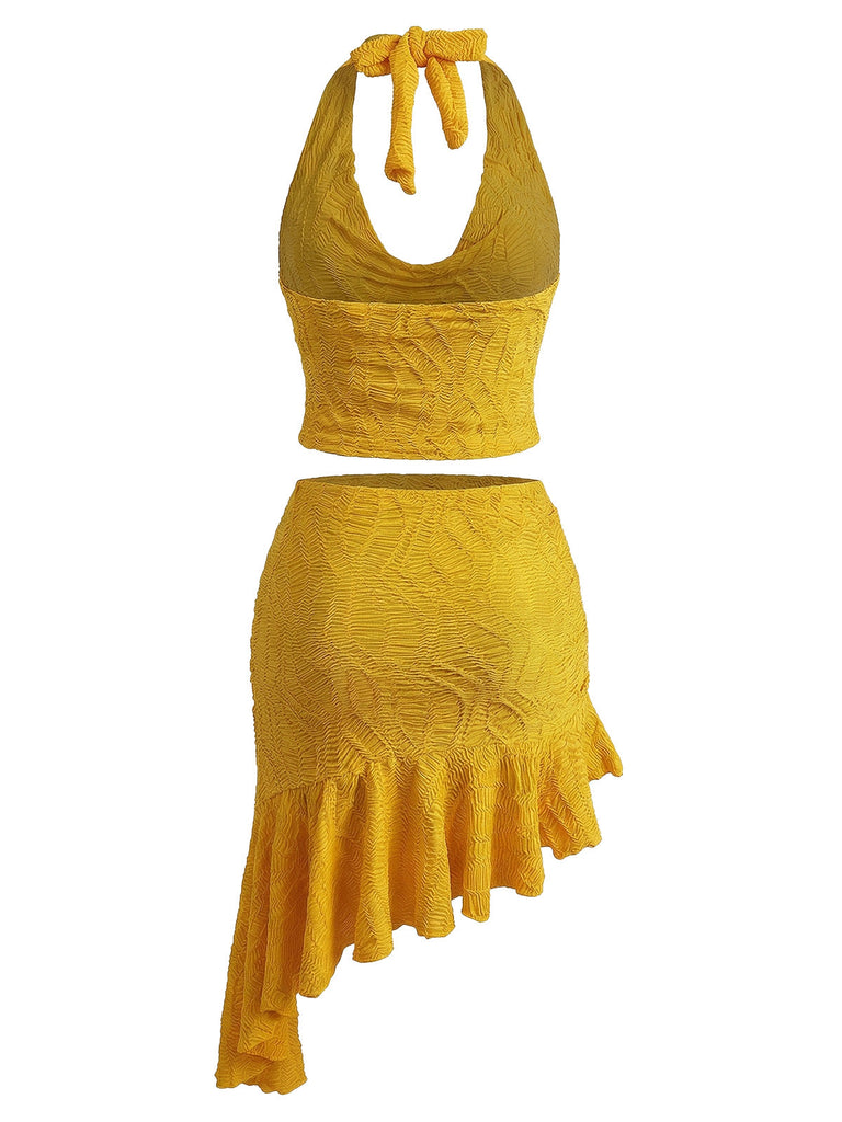 2PCS Yellow 1960s Halter Cowl Neck Textured Tankini Set - vintage fashion, retro style for vintage lovers