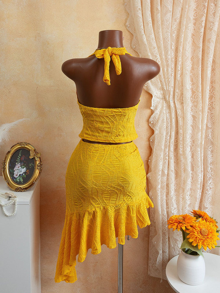 2PCS Yellow 1960s Halter Cowl Neck Textured Tankini Set - vintage fashion, retro style for vintage lovers