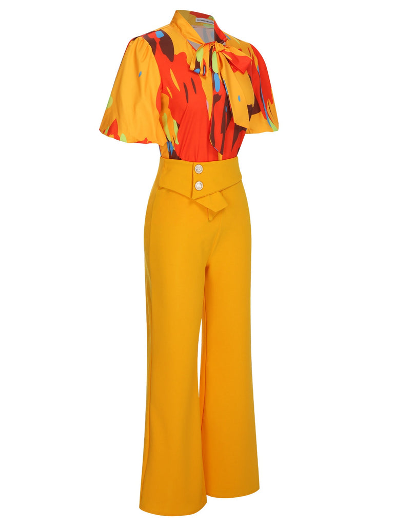 2PCS Yellow 1970s Tie Bow Colorblock Blouse & Bottons Pants, vintage top, retro blouse - perfect for women who love vintage and retro fashion