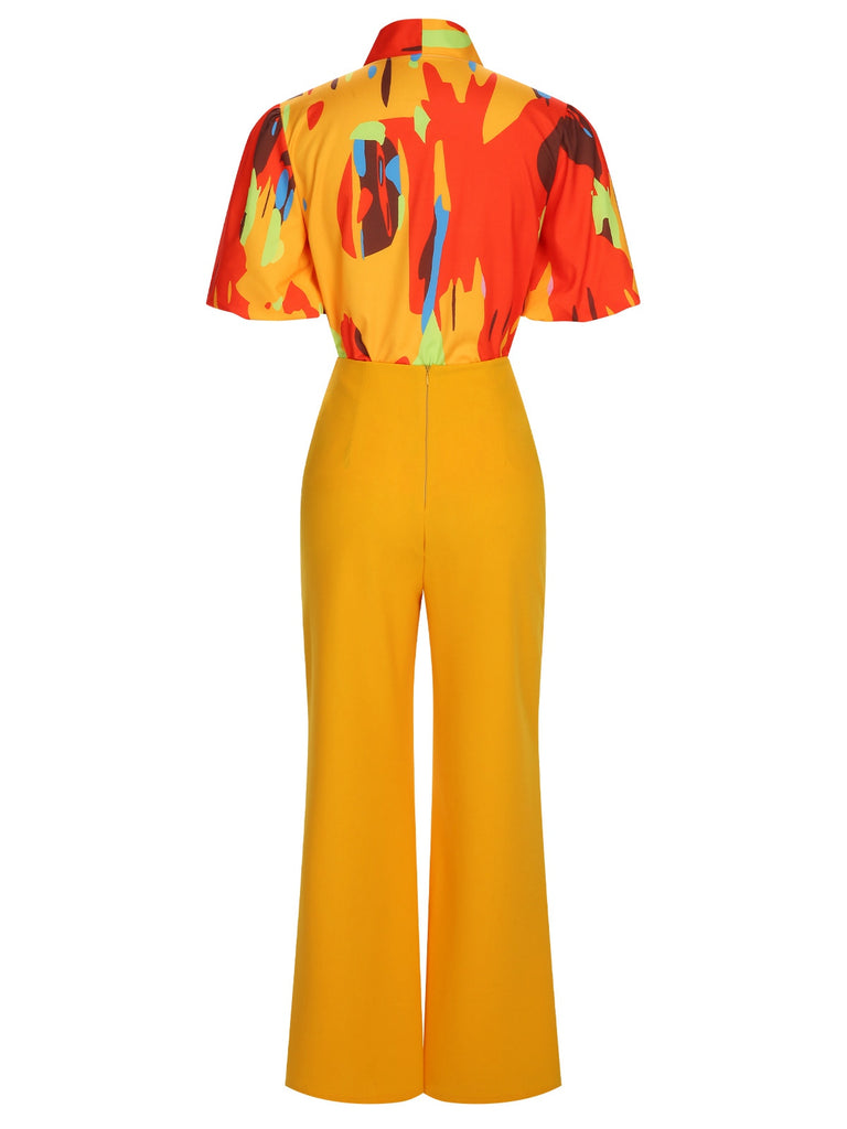 2PCS Yellow 1970s Tie Bow Colorblock Blouse & Bottons Pants, vintage top, retro blouse - perfect for women who love vintage and retro fashion