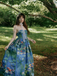 Blue 1950s Water Lily Sweetheart Strapless Dress