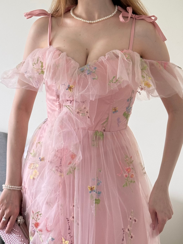 1970s Slip Floral Embroidered Mesh Slit Dress