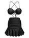 3PCS 1930s Spaghetti Strap Solid Bikini Set - vintage fashion, retro style