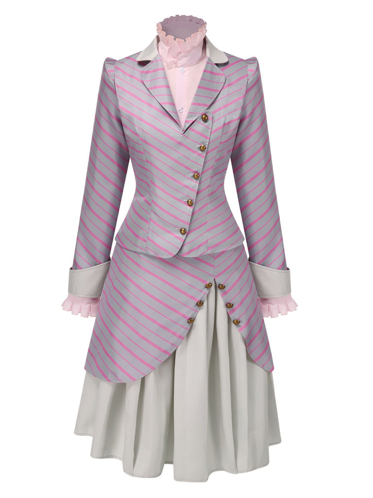 3PCS 1940s Ruffles Stripes Button Suit Set - vintage fashion, retro style