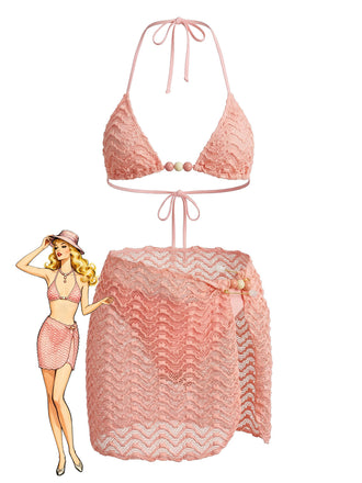 3PCS 1950s Beaded Halter Pleated Bikini Set & Cover-Up - vintage swimsuit, pin-up swimwear for vintage lovers