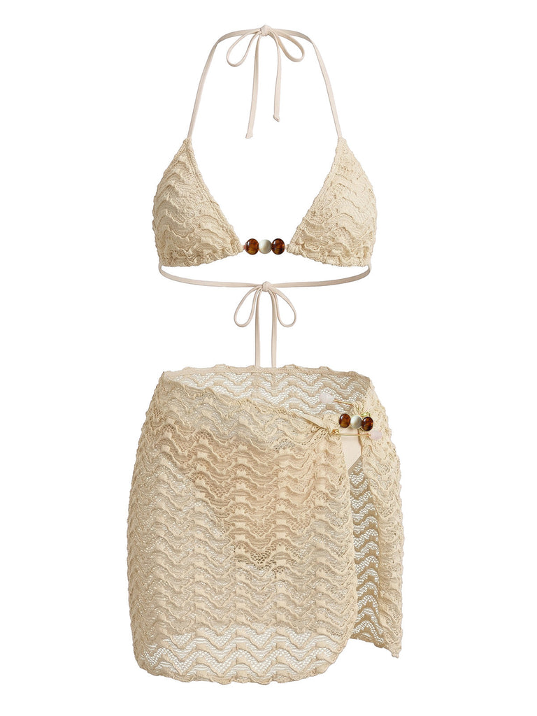 3PCS 1950s Beaded Halter Pleated Bikini Set & Cover-Up - vintage swimsuit, pin-up swimwear for vintage lovers