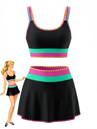 3PCS 1950s Contrast Color Zigzag Trim Tankini Set & Cover-Up - vintage fashion, retro style, classic elegance for vintage lovers