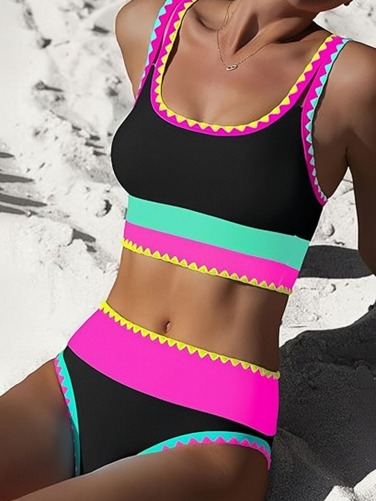 3PCS 1950s Contrast Color Zigzag Trim Tankini Set & Cover-Up - vintage fashion, retro style, classic elegance for vintage lovers