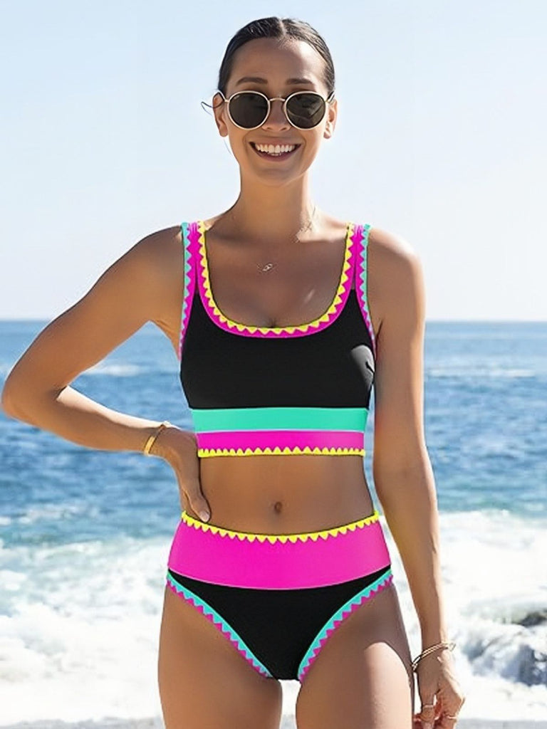 3PCS 1950s Contrast Color Zigzag Trim Tankini Set & Cover-Up: beautiful vintage fashion, retro style, classic elegance with timeless appeal