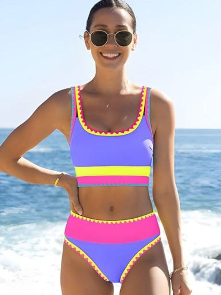 3PCS 1950s Contrast Color Zigzag Trim Tankini Set & Cover-Up | vintage fashion, retro style, classic elegance - perfect for retro fashion enthusiasts