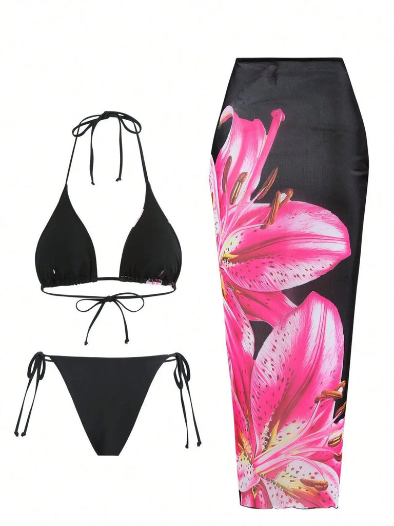 3PCS 1950s Mesh Lily Print Bikini Set & Cover-Up: beautiful vintage swimwear, retro swimsuit, pin-up style with timeless appeal