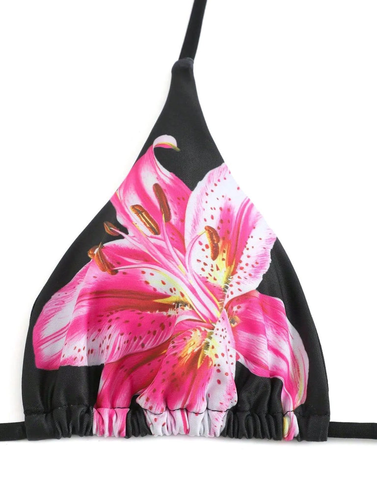3PCS 1950s Mesh Lily Print Bikini Set & Cover-Up | vintage swimwear, retro swimsuit, pin-up style - perfect for retro fashion enthusiasts