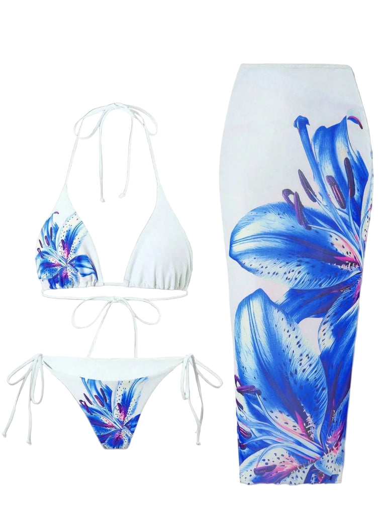 3PCS 1950s Mesh Lily Print Bikini Set & Cover-Up: beautiful vintage swimwear, retro swimsuit, pin-up style with timeless appeal