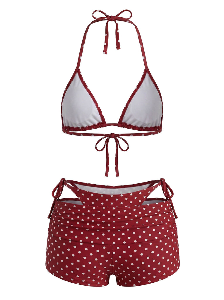 3PCS 1950s Polka Dot Halter Tie Shorts Bikini Set, vintage swimsuit, pin-up swimwear - perfect for women who love vintage and retro fashion
