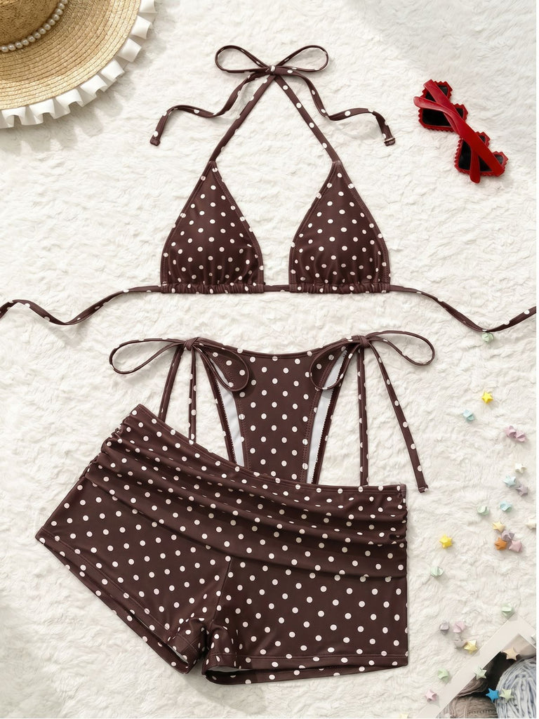 3PCS 1950s Polka Dot Halter Tie Shorts Bikini Set, vintage swimsuit, pin-up swimwear - perfect for women who love vintage and retro fashion