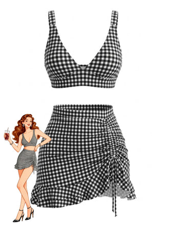 3PCS 1950s Ruffled Hem Plaid Drawstring Tankini Set - vintage fashion, retro style, classic elegance for vintage lovers