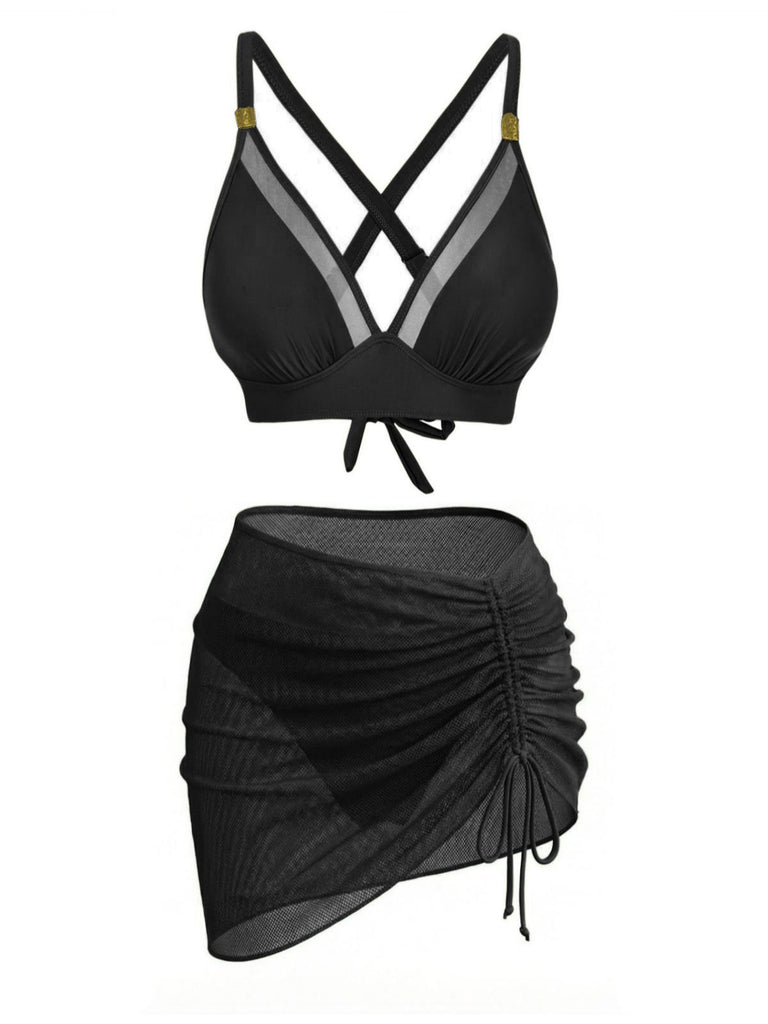 3PCS 1950s Solid Metal Button Bikini Set | vintage swimwear, retro swimsuit, pin-up style - perfect for retro fashion enthusiasts