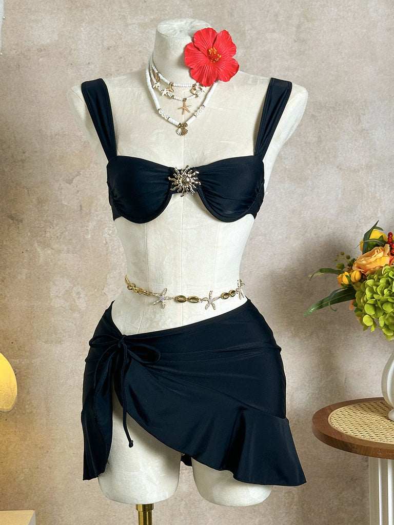 3PCS 1950s Solid Metal Sun Chain Accent Bikini Set & Cover-Up | vintage swimwear, retro swimsuit, pin-up style - perfect for retro fashion enthusiasts