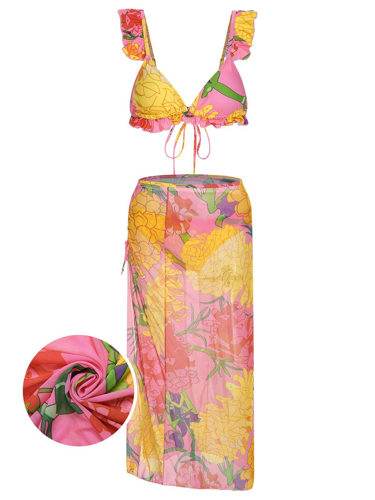 3PCS 1970s Pink Floral Swimsuit Set, vintage swimsuit, pin-up swimwear - perfect for women who love vintage and retro fashion