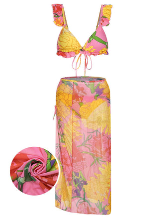3PCS 1970s Pink Floral Swimsuit Set, vintage swimsuit, pin-up swimwear - perfect for women who love vintage and retro fashion