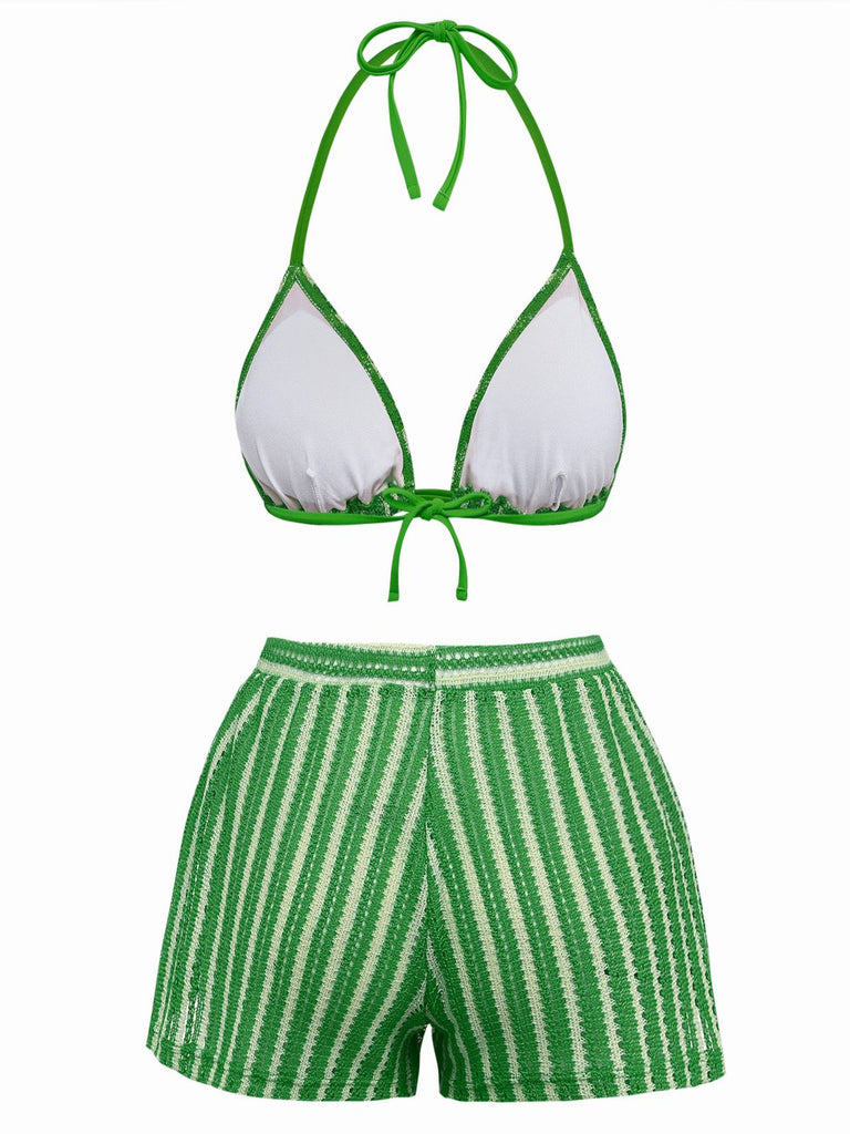 3PCS 1970s Striped Knit Boho Bikini Set & Cover-Up - vintage fashion, retro style