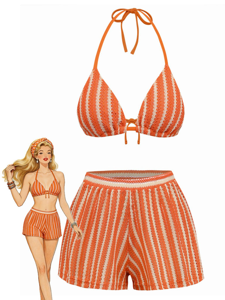 3PCS 1970s Striped Knit Boho Bikini Set & Cover-Up - vintage fashion, retro style