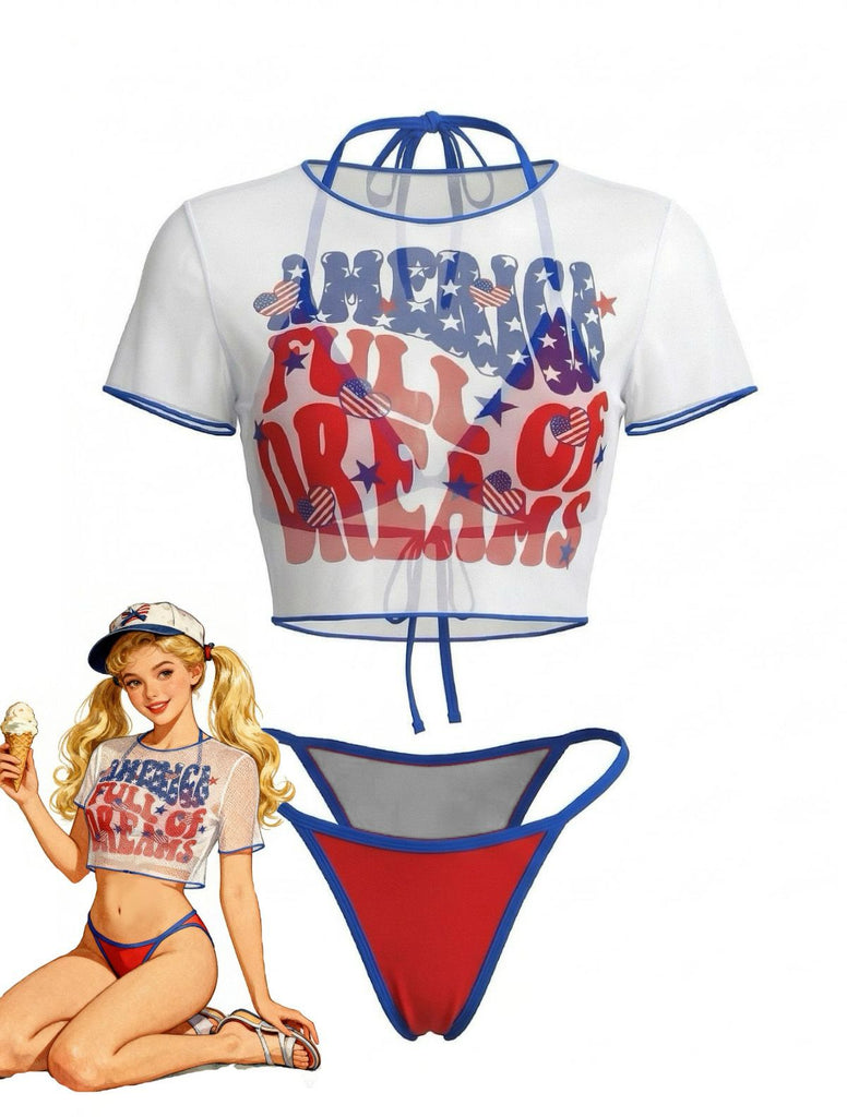 3PCS 1980s Patriotic Graphic Mesh Crop Top & Bikini Set, vintage top, retro blouse - perfect for women who love vintage and retro fashion