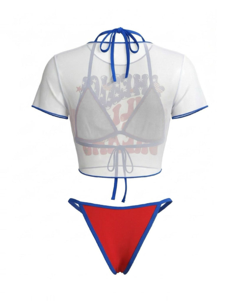 3PCS 1980s Patriotic Graphic Mesh Crop Top & Bikini Set, vintage top, retro blouse - perfect for women who love vintage and retro fashion