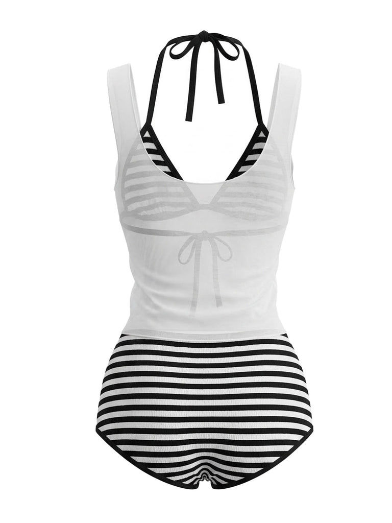 3PCS 1980s Striped Bikini Set & Sheer Cover-Up Tank: beautiful vintage swimwear, retro swimsuit, pin-up style with timeless appeal
