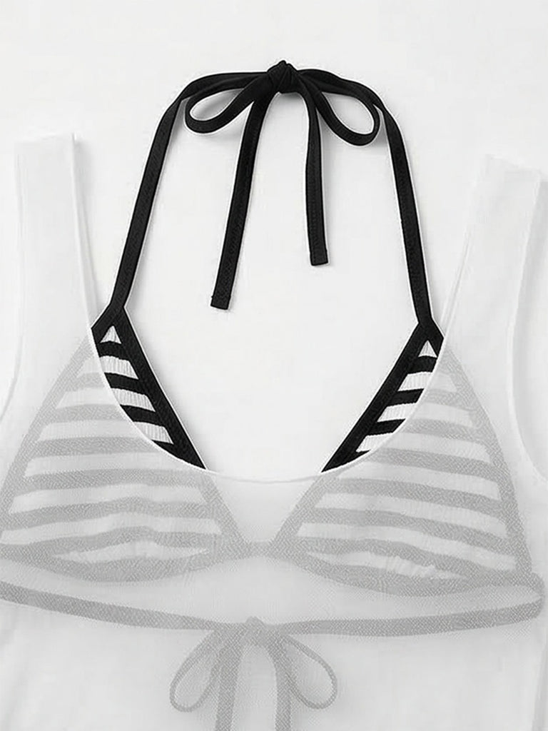 3PCS 1980s Striped Bikini Set & Sheer Cover-Up Tank - vintage swimwear, retro swimsuit, pin-up style for vintage lovers