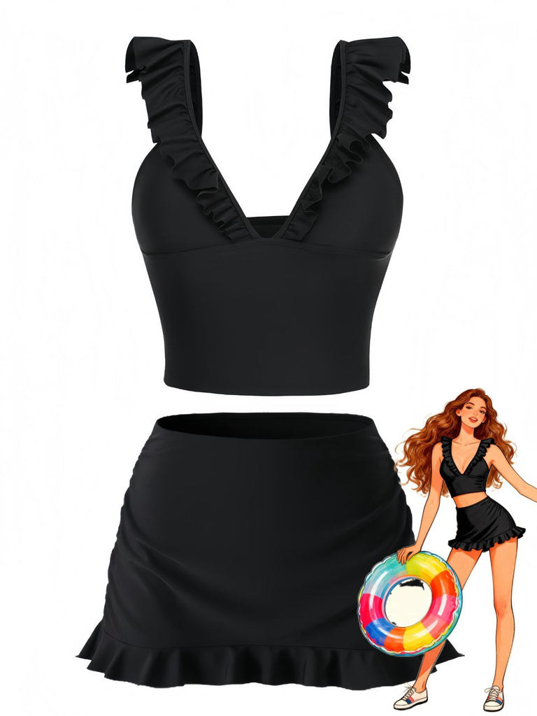 3PCS Black 1950s V-Neck Ruffled Bikini Skirt - vintage skirt, retro style, swing skirt for vintage lovers