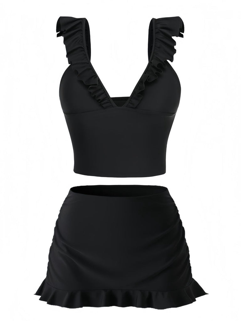 3PCS Black 1950s V-Neck Ruffled Bikini Skirt: beautiful vintage skirt, retro style, swing skirt with timeless appeal