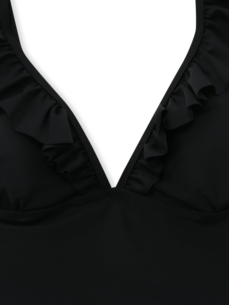 3PCS Black 1950s V-Neck Ruffled Bikini Skirt - vintage skirt, retro style, swing skirt for vintage lovers