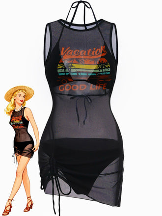 3PCS Black 1960s Vacation Print Mesh Halter Ruched Bikini Set & Cover-Up - vintage swimsuit, pin-up swimwear for vintage lovers