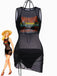 3PCS Black 1960s Vacation Print Mesh Halter Ruched Bikini Set & Cover-Up - vintage swimsuit, pin-up swimwear for vintage lovers