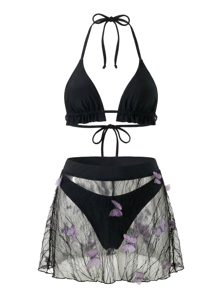 3PCS Black 1980s Butterfly Mesh Bikini Set & Cover-Up - vintage swimwear, retro swimsuit, pin-up style for vintage lovers