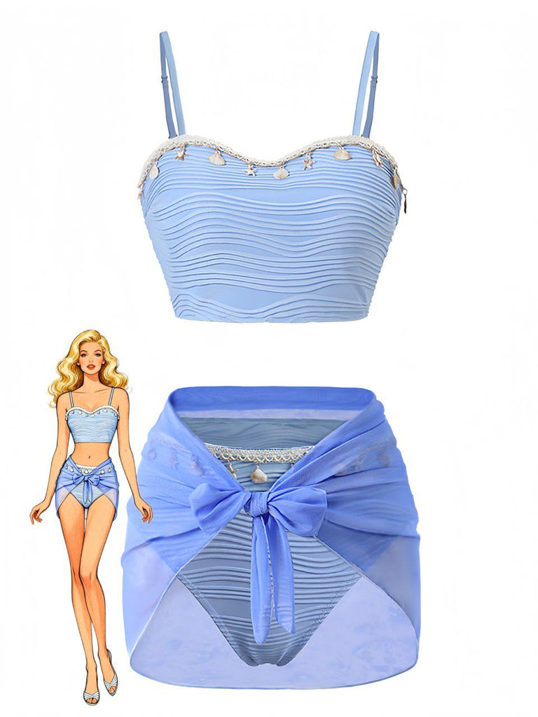 3PCS Blue 1940s Shell Special Fabric Bikini Set - vintage swimwear, retro swimsuit, pin-up style for vintage lovers