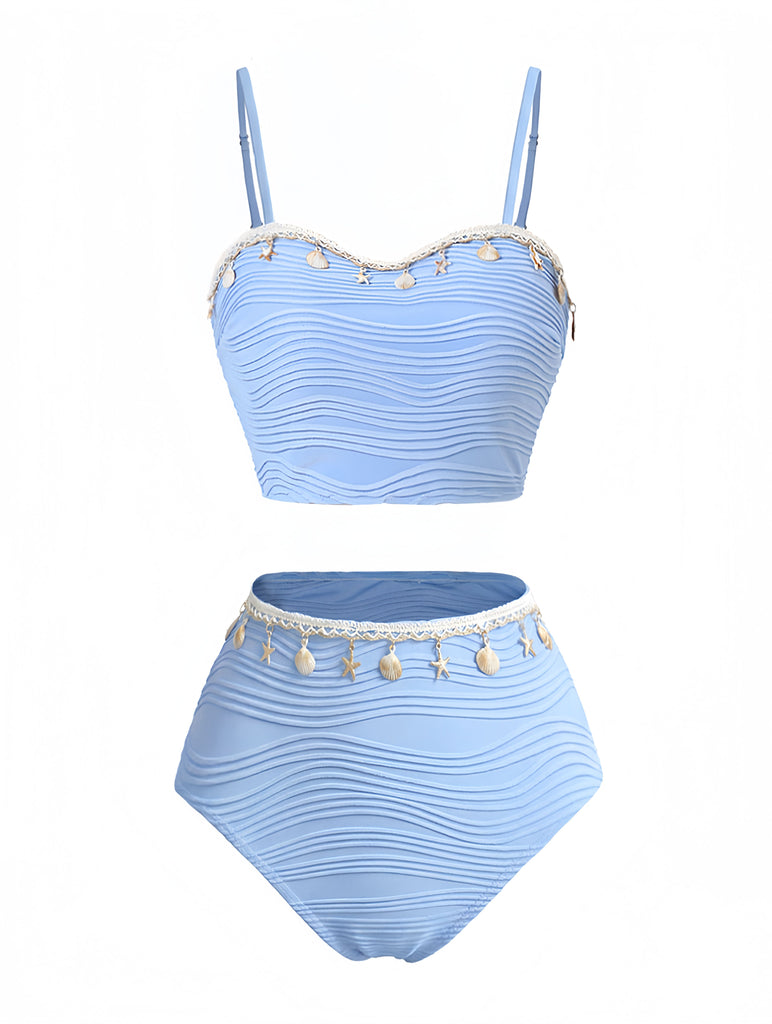 3PCS Blue 1940s Shell Special Fabric Bikini Set | vintage swimwear, retro swimsuit, pin-up style - perfect for retro fashion enthusiasts