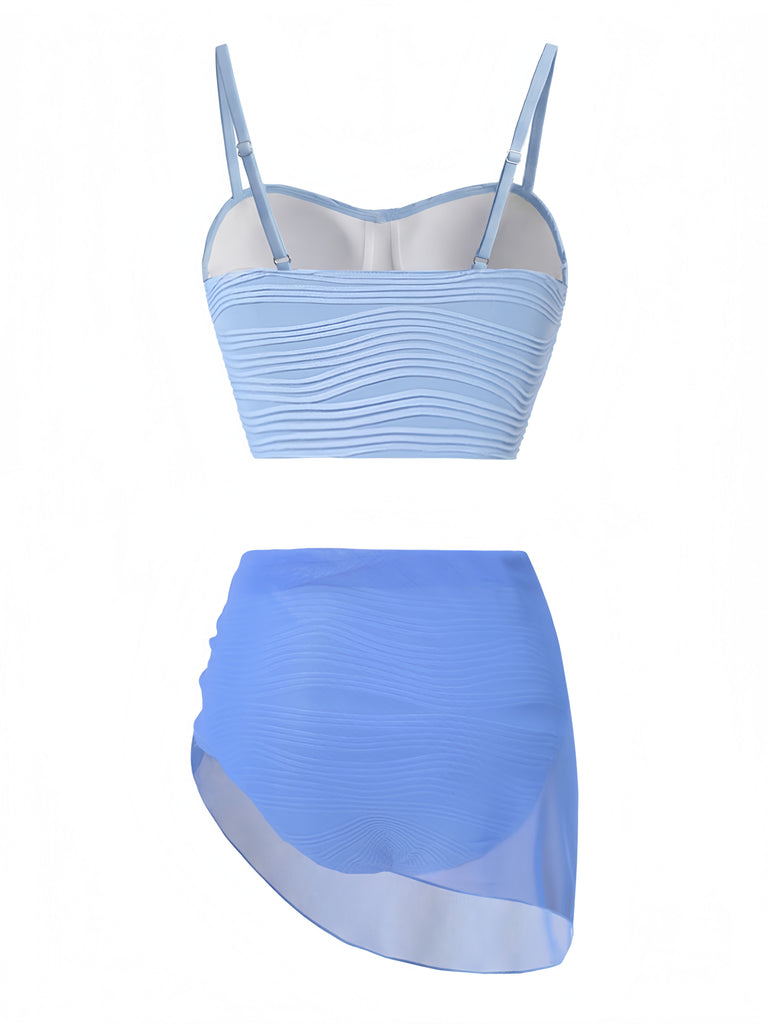 3PCS Blue 1940s Shell Special Fabric Bikini Set - vintage swimwear, retro swimsuit, pin-up style for vintage lovers