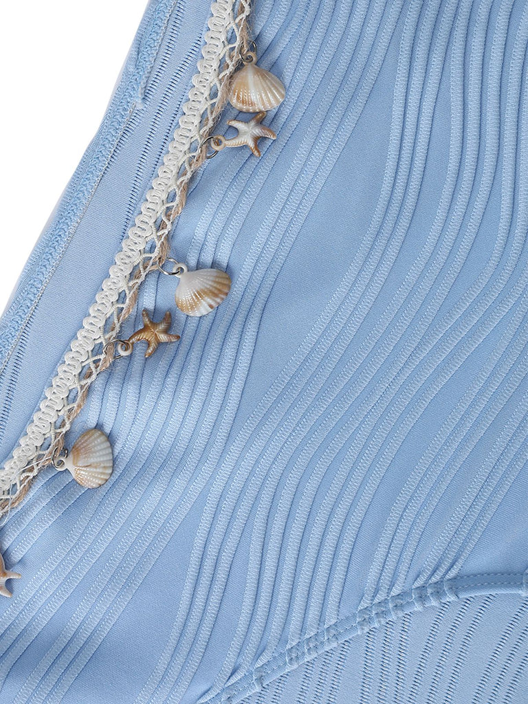 3PCS Blue 1940s Shell Special Fabric Bikini Set | vintage swimwear, retro swimsuit, pin-up style - perfect for retro fashion enthusiasts