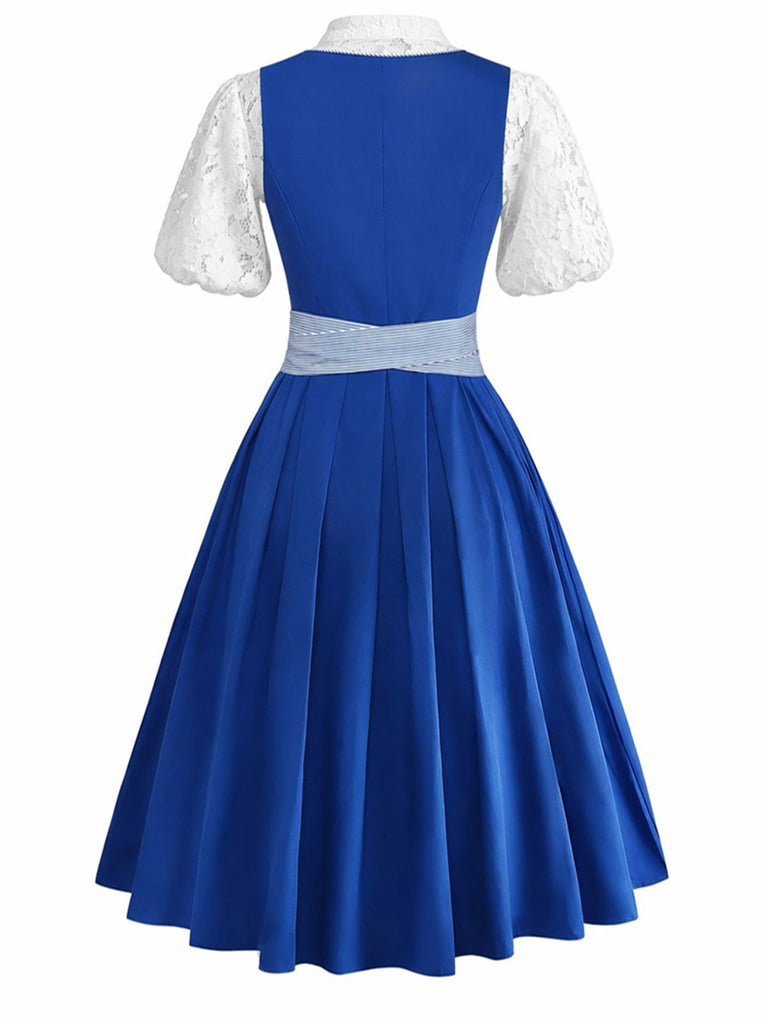 3PCS Blue 1950s Square Neck Dress & Floral Apron & Lace Top, vintage dress, retro fashion, rockabilly, pin-up fashion - perfect for women who love vintage and retro fashion