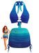 3PCS Blue 1980s Gradient Bikini Set & Skirt Cover-Up - vintage skirt, retro style